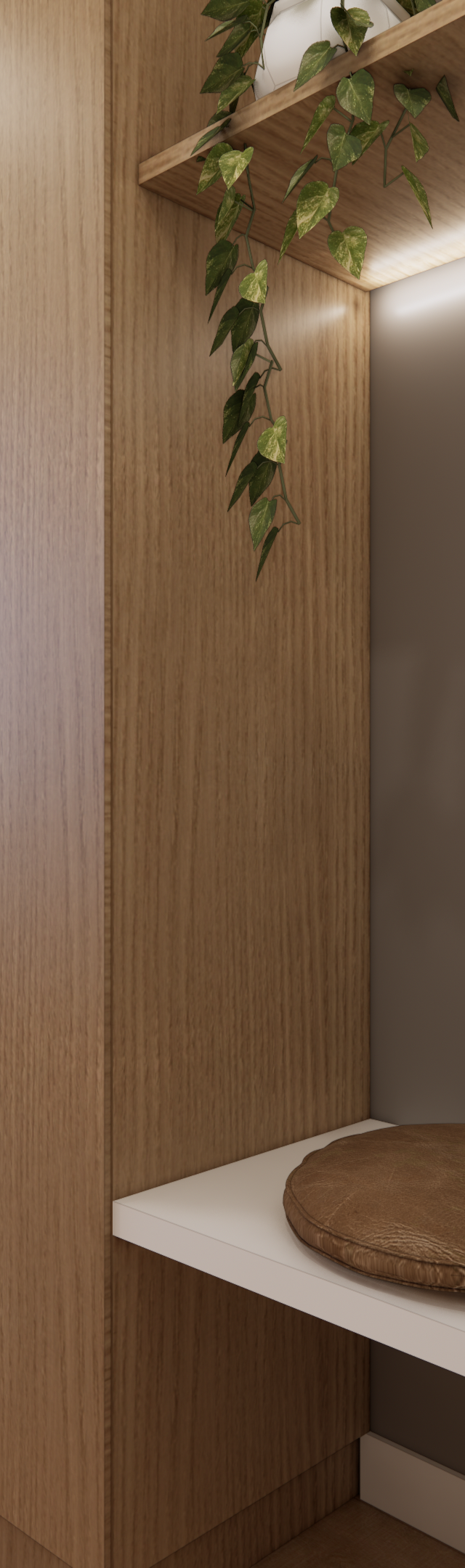Render 3D de closet com marcenaria em tom madeira, nicho iluminado, banco branco, almofada de couro e vista para varanda