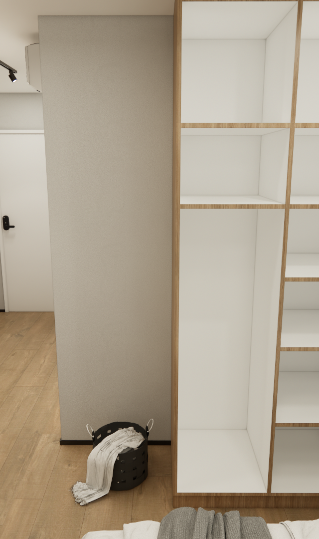 Render 3D de estúdio com marcenaria em madeira e cinza, armário aberto, cozinha compacta e piso amadeirado em Perdizes
