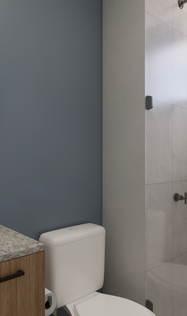Render 3D de banheiro no Think Tanabi: parede azul, espelho redondo, bancada em granito, marcenaria amadeirada e box