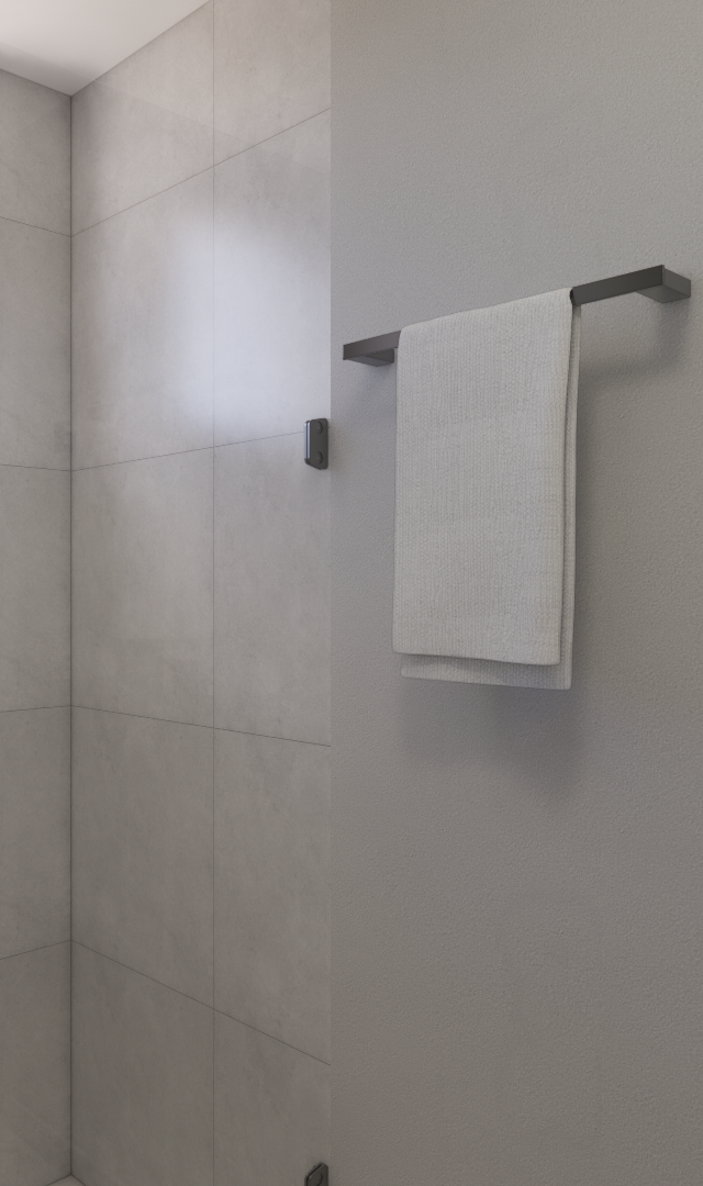 Render 3D de banheiro moderno no FC - THINK TANABI, revestido em porcelanato cinza, metais pretos e iluminação natural