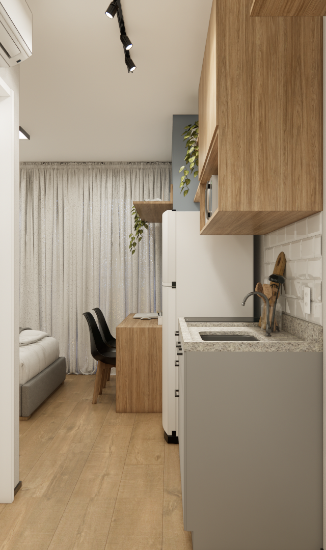 Render 3D de estúdio compacto em Perdizes com marcenaria em madeira e cinza, bancada em granito, espelho e iluminação LED