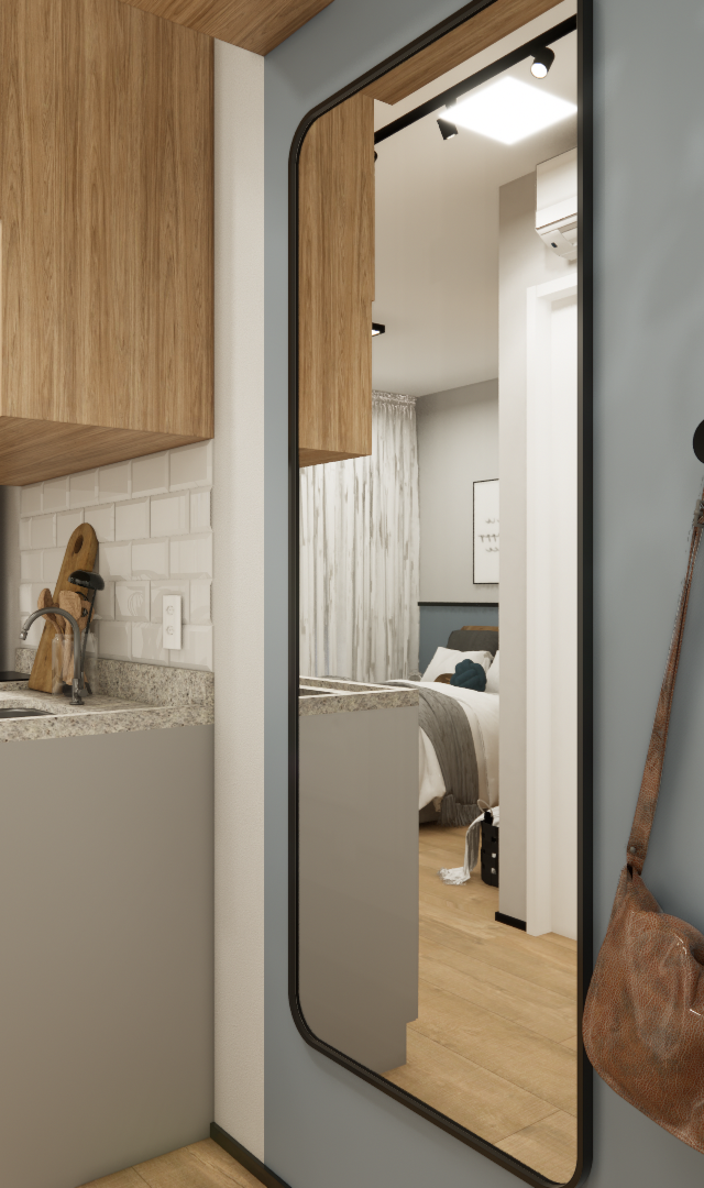 Render 3D de cozinha com marcenaria em madeira e cinza, parede azul, espelho de moldura preta e detalhes em iluminação