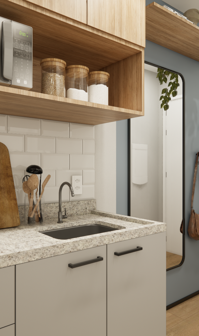 Render 3D de cozinha compacta FC THINK TANABI com marcenaria em tons cinza e madeira, azulejos brancos e bancada de granito