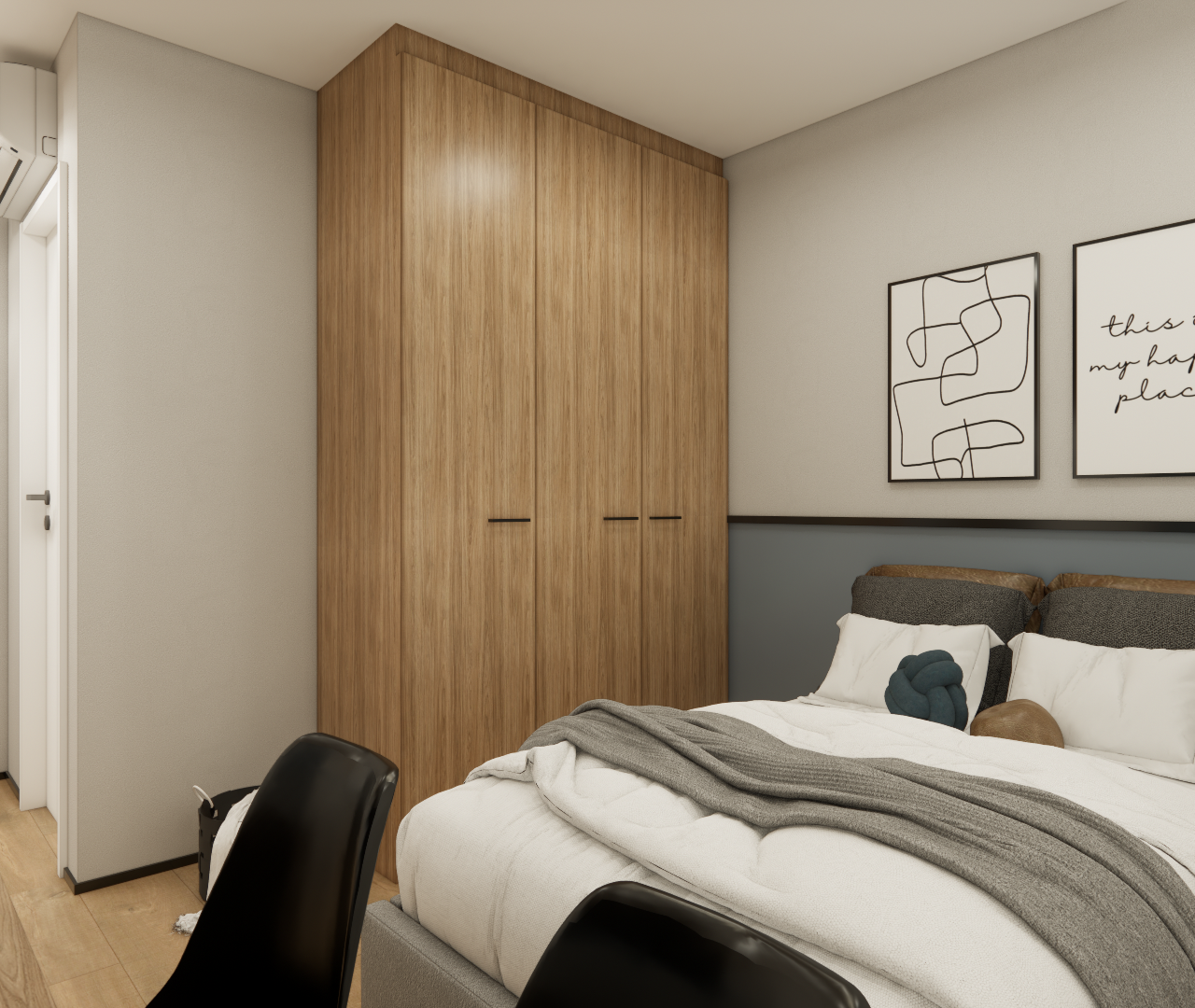 Render 3D de quarto com guarda-roupa de madeira, cama com enxoval cinza e azul, paredes bicolores e iluminação em trilho