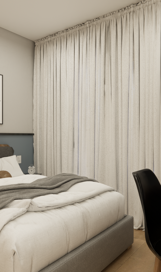 Render 3D de quarto no Think Tanabi Perdizes com cama, mesa de madeira, cadeiras pretas, cortinas e parede cinza e azul