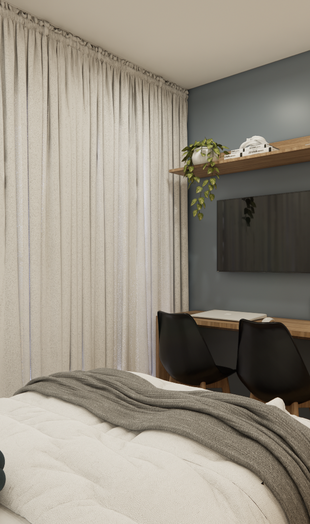 Render 3D de quarto no FC - THINK TANABI PERDIZES, parede cinza, marcenaria em madeira, TV, mesa e geladeira branca
