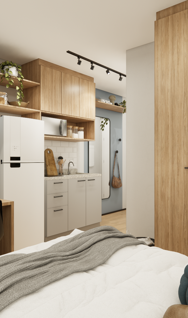 Render 3D de estúdio com cama, marcenaria em madeira clara, parede cinza, cozinha compacta, mesa de trabalho e iluminação