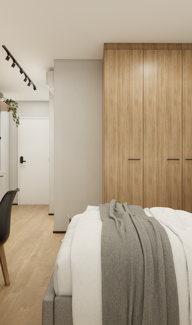 Render 3D de estúdio com marcenaria em madeira clara, parede azul, cama com roupa de cama neutra e mesa de trabalho