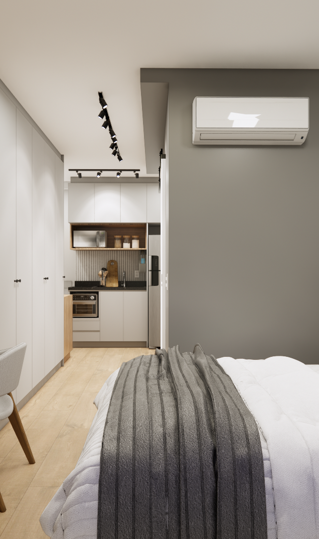 Render 3D de estúdio compacto em tons de cinza e madeira com bancada, marcenaria planejada, cama e iluminação em trilhos