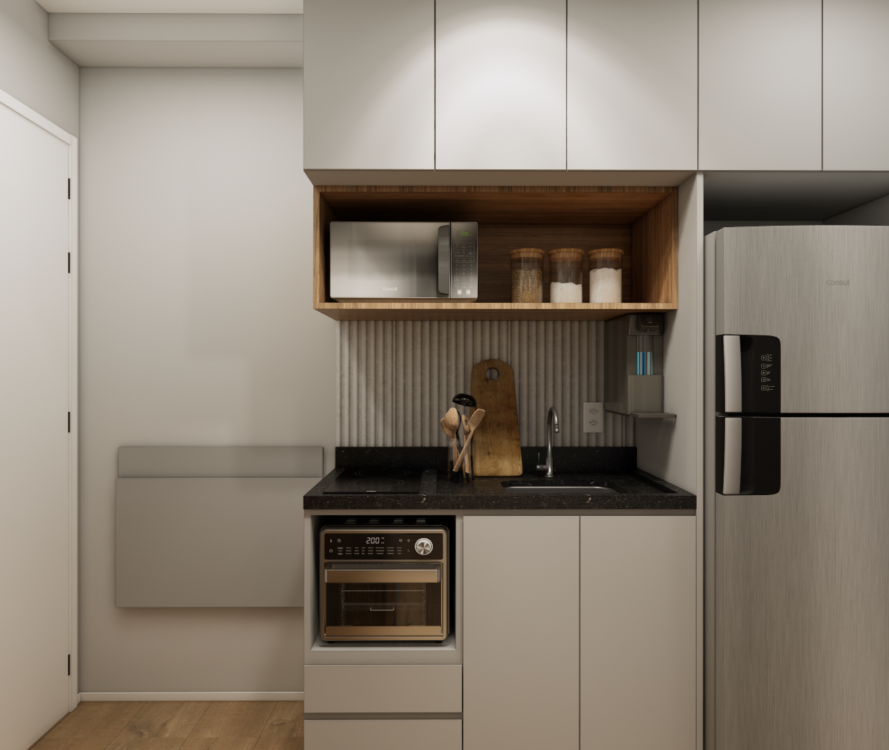 Render 3D de cozinha compacta em tons de cinza e amadeirado, com marcenaria planejada, bancada preta e iluminação direta