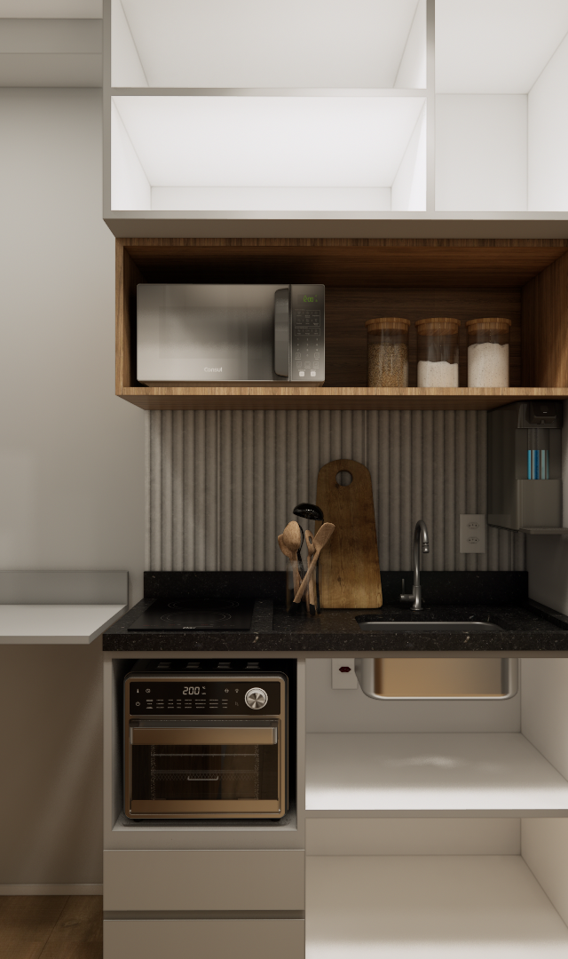 Render 3D de cozinha compacta com marcenaria branca e amadeirada, bancada preta, eletrodomésticos em inox e iluminação LED
