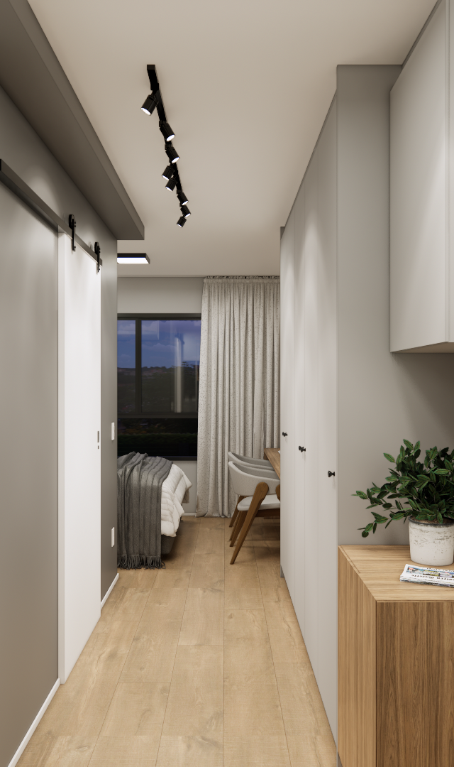 Render 3D de corredor de apartamento com marcenaria em tons de cinza e amadeirado, piso de madeira e iluminação em trilho