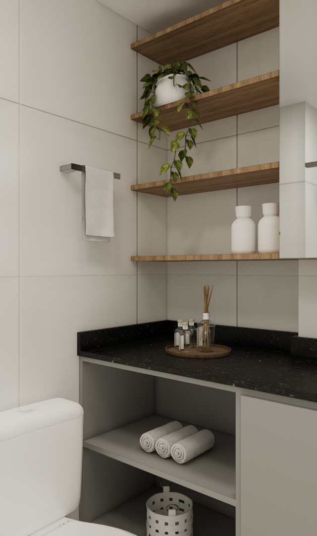 Render 3D de banheiro com marcenaria cinza, bancada em pedra preta, nichos de madeira, espelho e revestimento branco