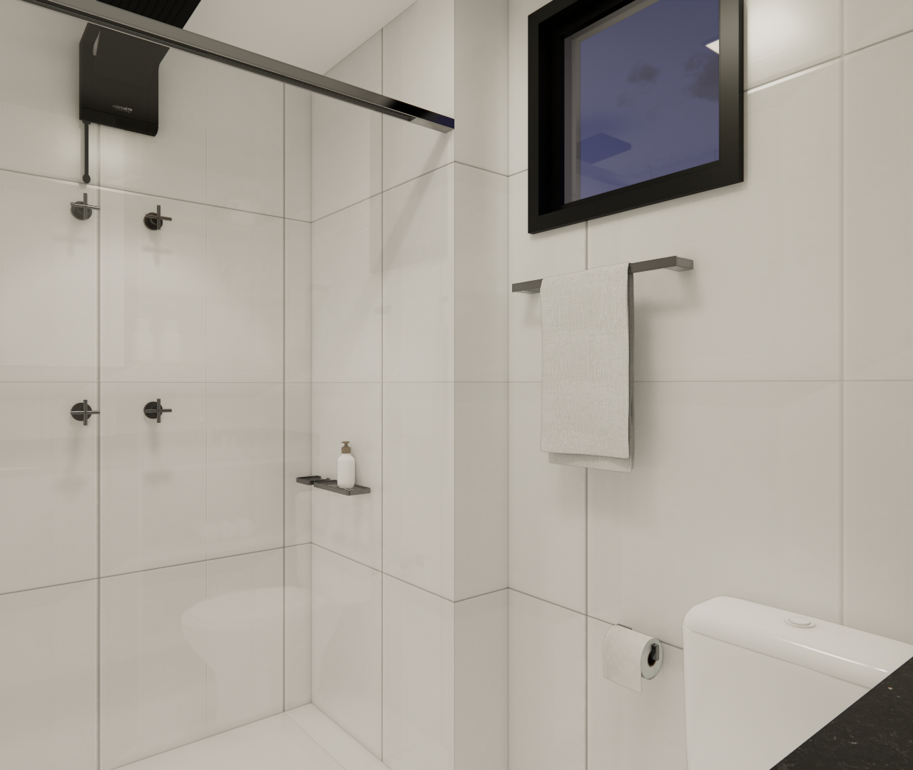 Render 3D de banheiro moderno, revestimento branco, box de vidro, metais pretos e bancada de granito escuro