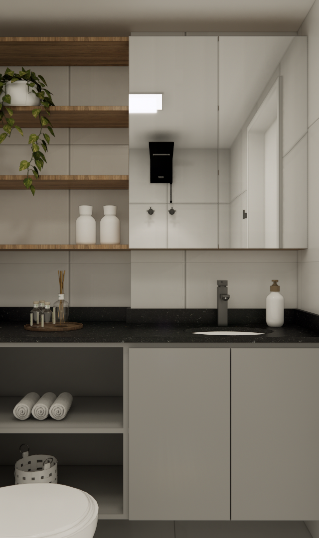 Render 3D de banheiro compacto com marcenaria cinza, bancada preta, prateleiras de madeira e espelho amplo em tons neutros