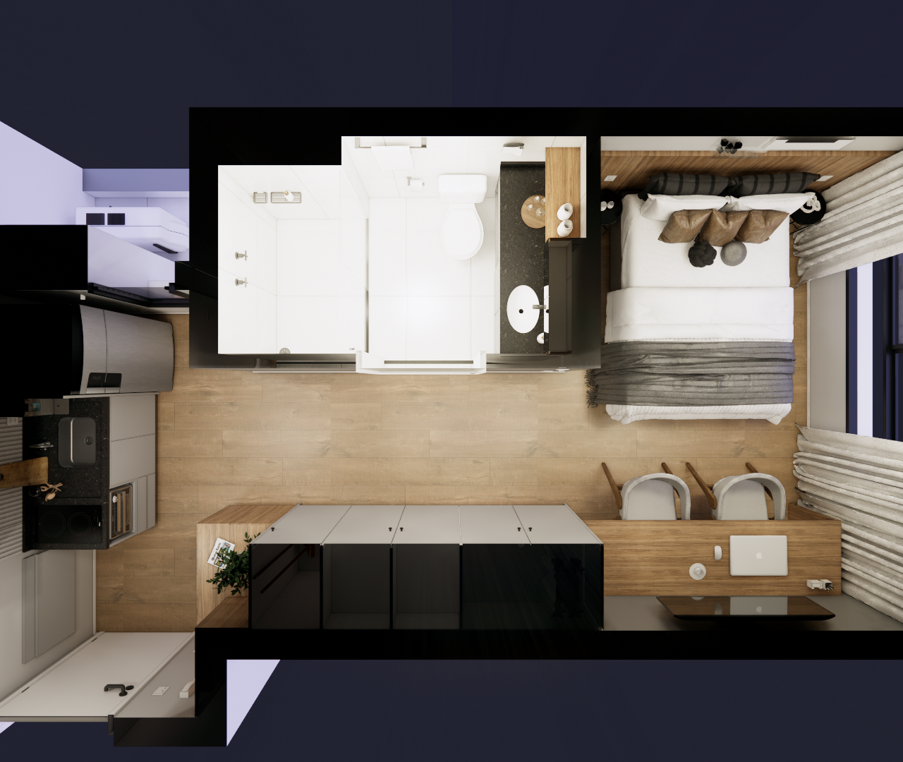 Planta baixa 3D de studio com piso amadeirado, cozinha compacta, banheiro integrado, cama de casal e mesa de trabalho