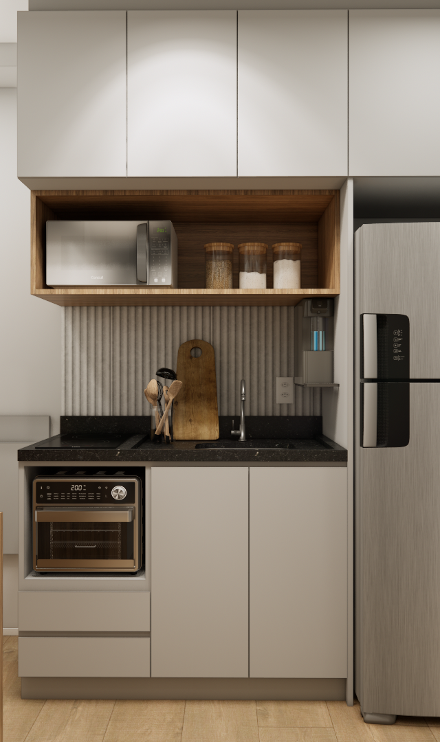 Render 3D de cozinha compacta, marcenaria cinza e amadeirada, bancada preta, eletrodomésticos em inox e iluminação neutra