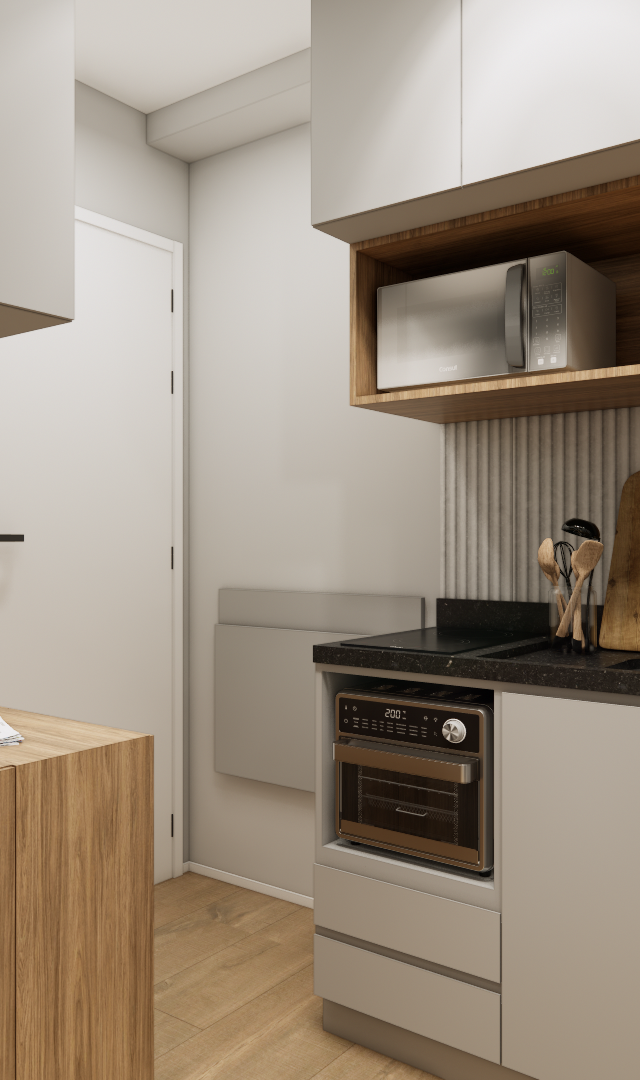 Render 3D de cozinha compacta em tons neutros, marcenaria clara com nicho em madeira, bancada preta e eletrodomésticos inox