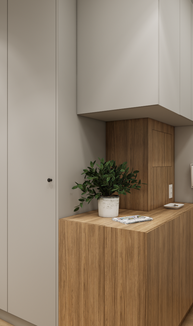 Render 3D de apartamento: armários cinzas, marcenaria em tom madeira, planta em vaso e mesa de escritório ao fundo