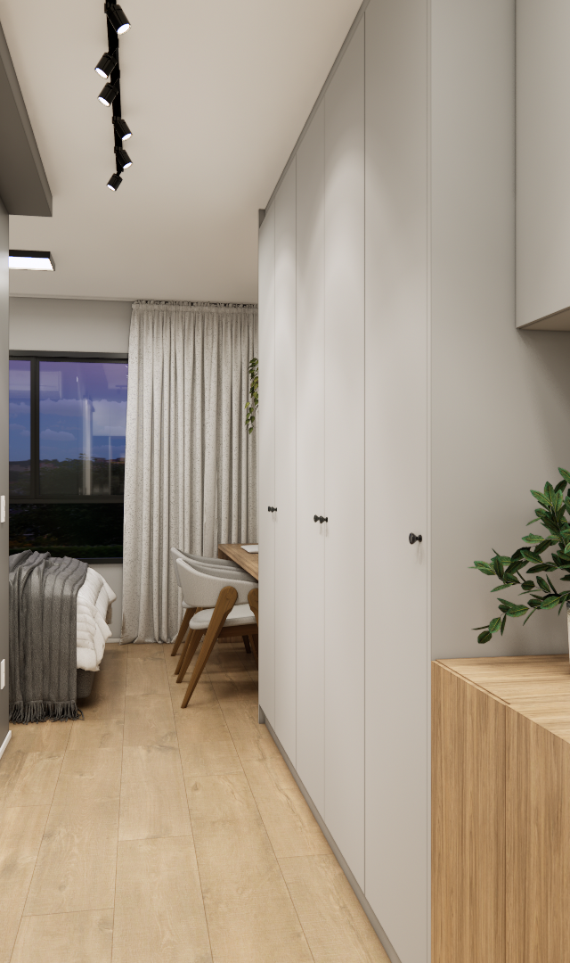 Render 3D de corredor de apartamento com marcenaria em madeira e cinza, iluminação em trilho e vista para o dormitório