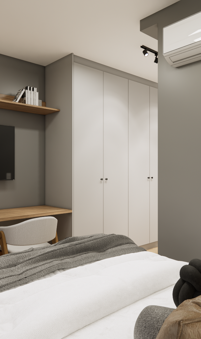 Render 3D de quarto pequeno com paredes cinza, marcenaria em madeira, armários brancos, escrivaninha e iluminação suave