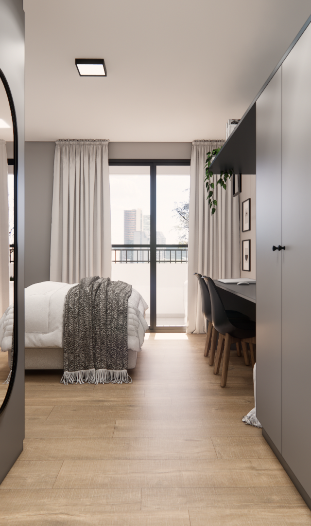 3D de estúdio compacto 29m² com cozinha linear em madeira e cinza, bancada preta, espelho oval e quarto ao fundo iluminado