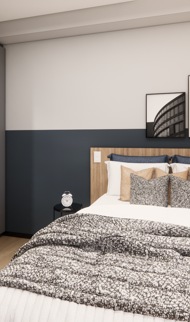 Render 3D de quarto pequeno com armário cinza, cama com cabeceira em madeira, parede bicolor e iluminação indireta suave