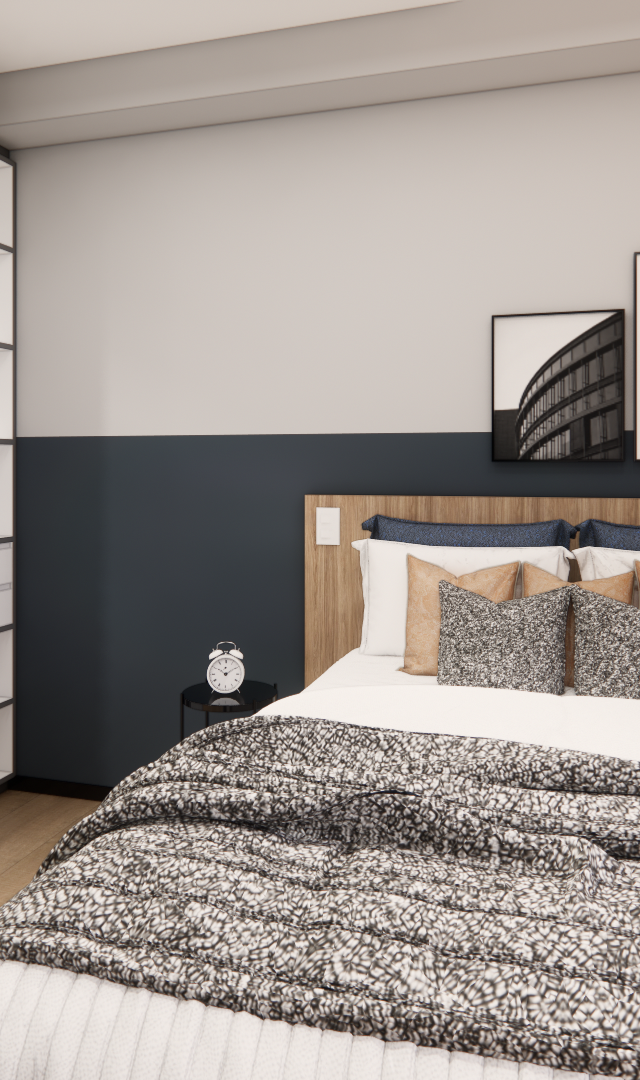 Render 3D de dormitório no DO IT Faria Lima com armário aberto, parede bicolor cinza e azul, cama e quadros abstratos