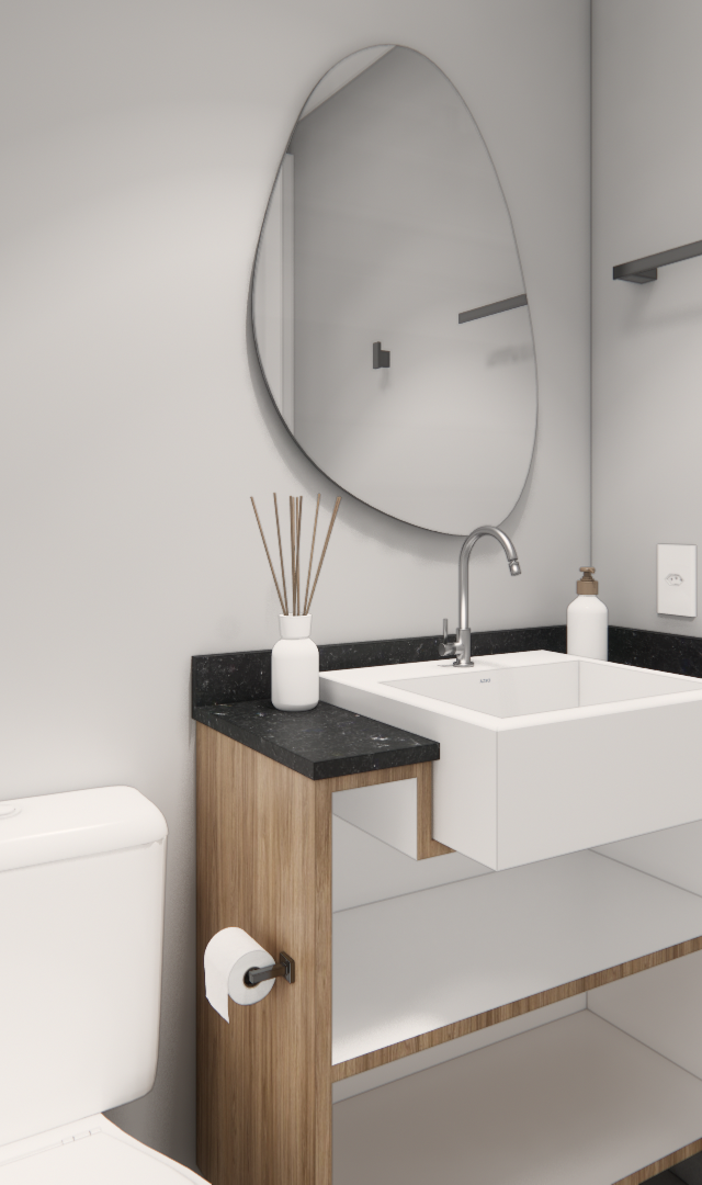 Render 3D de banheiro compacto com bancada de madeira, tampo de pedra preta, cuba branca, espelho orgânico e paredes cinza