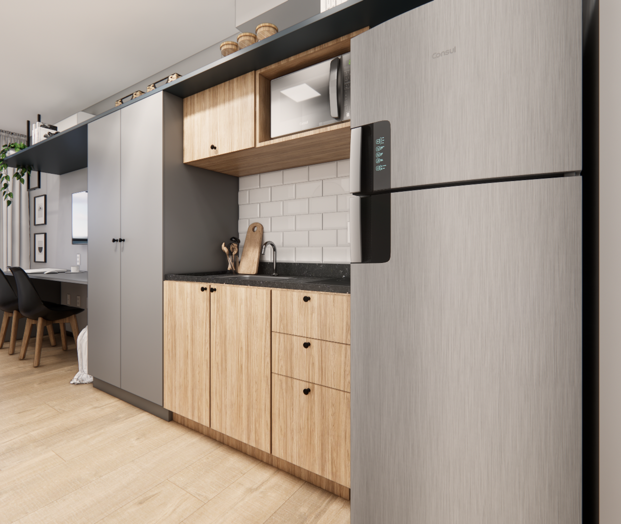 Render 3D de cozinha compacta com marcenaria em madeira e cinza, bancada preta, geladeira inox e área de trabalho integrada