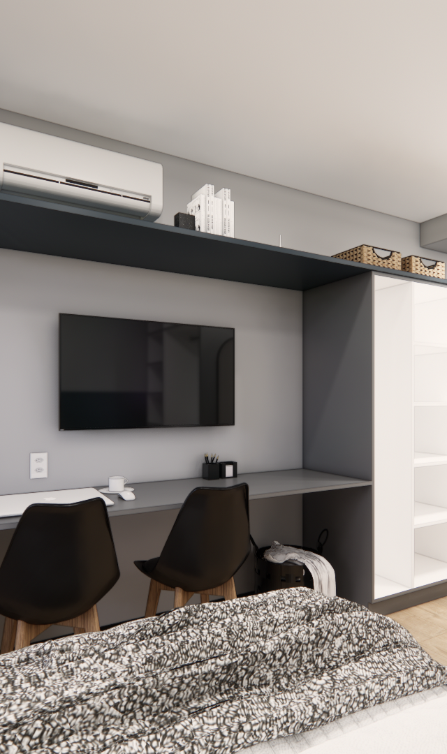 Render 3D de estúdio compacto na Faria Lima com bancada, marcenaria cinza, madeira, cozinha integrada e iluminação por trilho