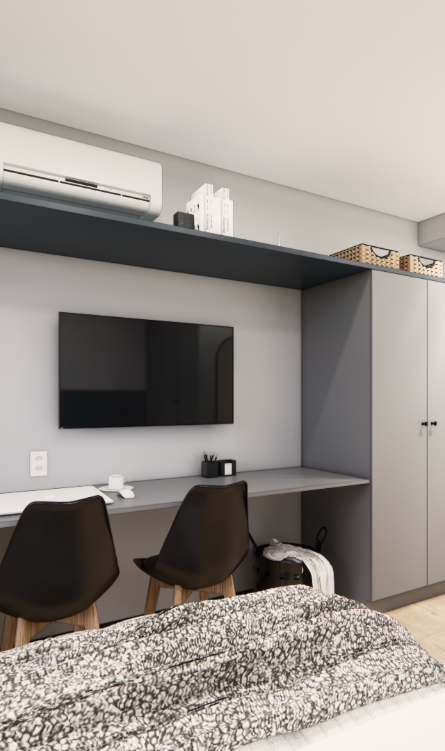 Render 3D de estúdio cinza e madeira, com bancada de trabalho, TV, armários e cozinha integrada sob iluminação focada
