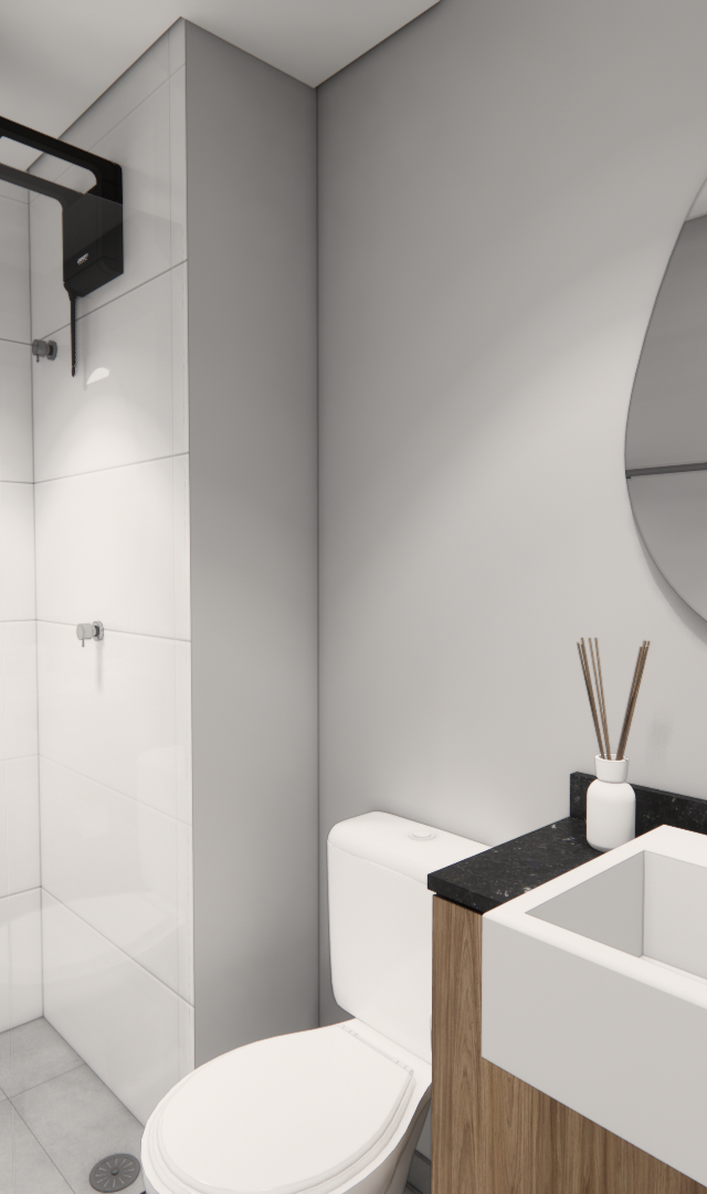 Render 3D de banheiro moderno com azulejos brancos, gabinete em madeira, bancada preta, espelho orgânico e iluminação clara