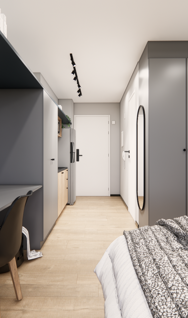 Render 3D de estúdio compacto na Faria Lima com mesa de trabalho, marcenaria cinza, piso amadeirado e iluminação por trilho