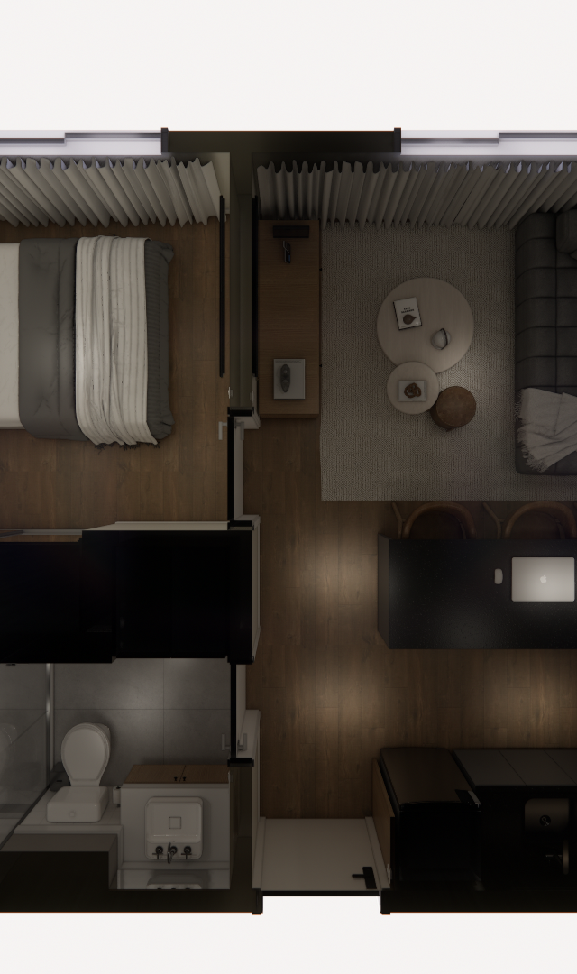 Planta baixa 3D de apartamento no Mercure JK com tons escuros, madeira, sala integrada, cozinha e dormitório aconchegante