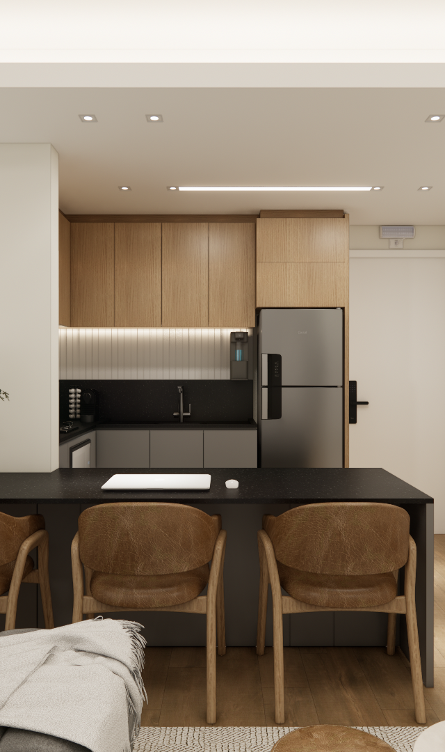 Render 3D de cozinha americana e sala no Mercure JK com marcenaria em madeira, bancada preta e iluminação embutida