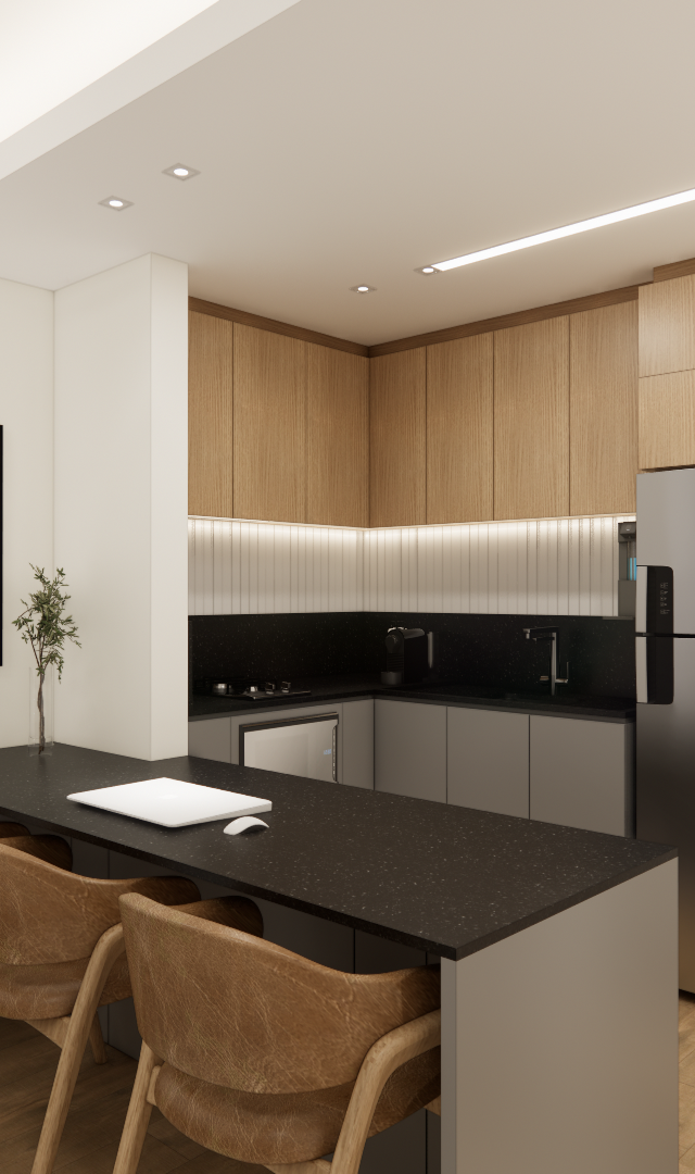 Render 3D de cozinha compacta Mercure JK com marcenaria em tons de madeira e cinza, bancada preta e iluminação embutida