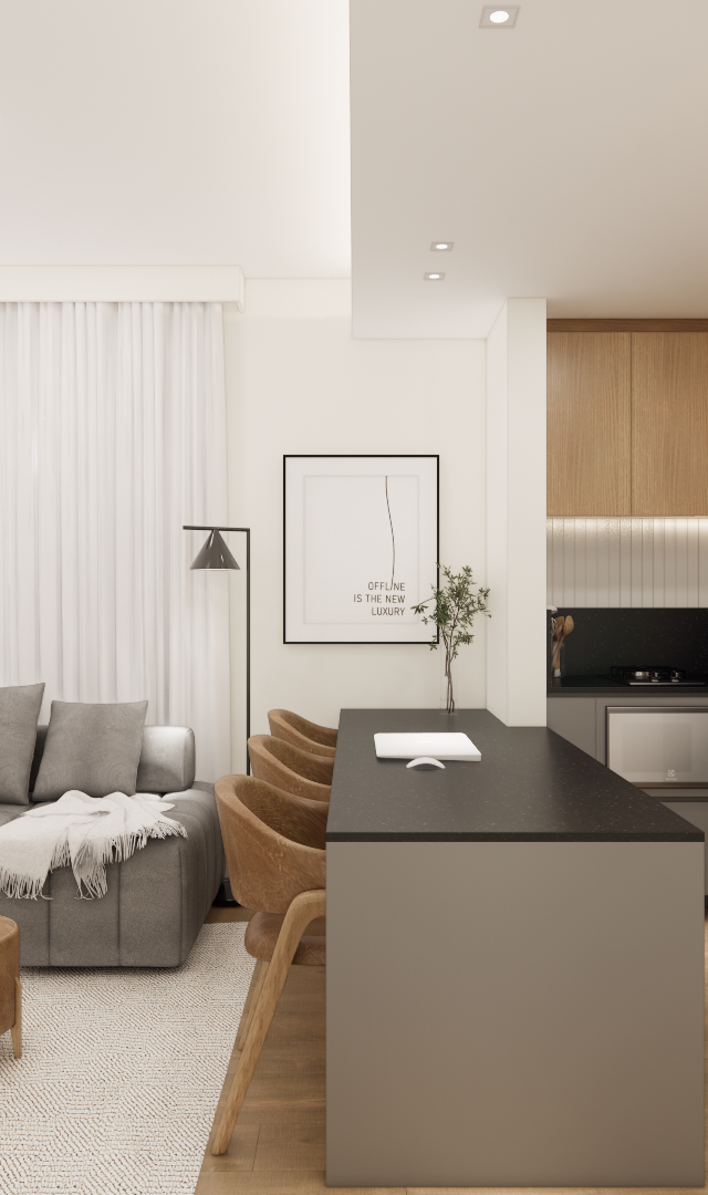 Render 3D de sala e cozinha integrada, tons neutros, madeira, sofá cinza, ilha preta e iluminação embutida no Mercure JK