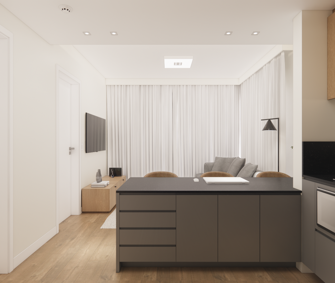 Render 3D de sala e cozinha integrada, tons neutros, ilha central escura e móveis em madeira clara no Itaim Bibi