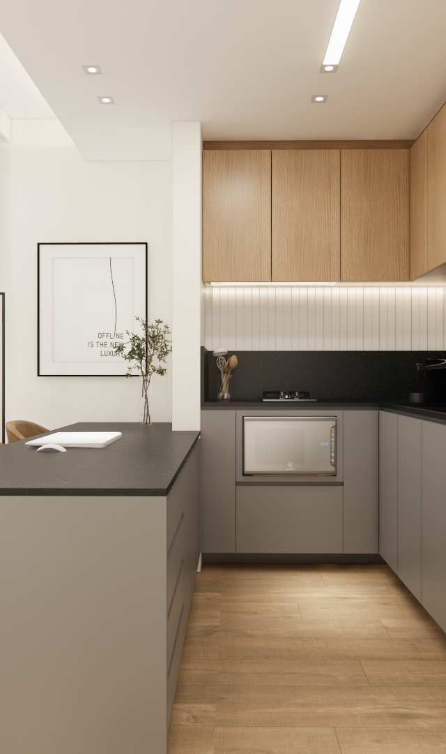 Render 3D de cozinha e sala integradas no Mercure JK com marcenaria em madeira e cinza, bancada preta e luz embutida