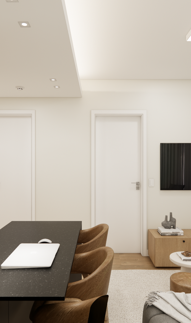Render 3D de sala e cozinha integrada, marcenaria em tons de madeira e cinza, bancada preta e iluminação embutida