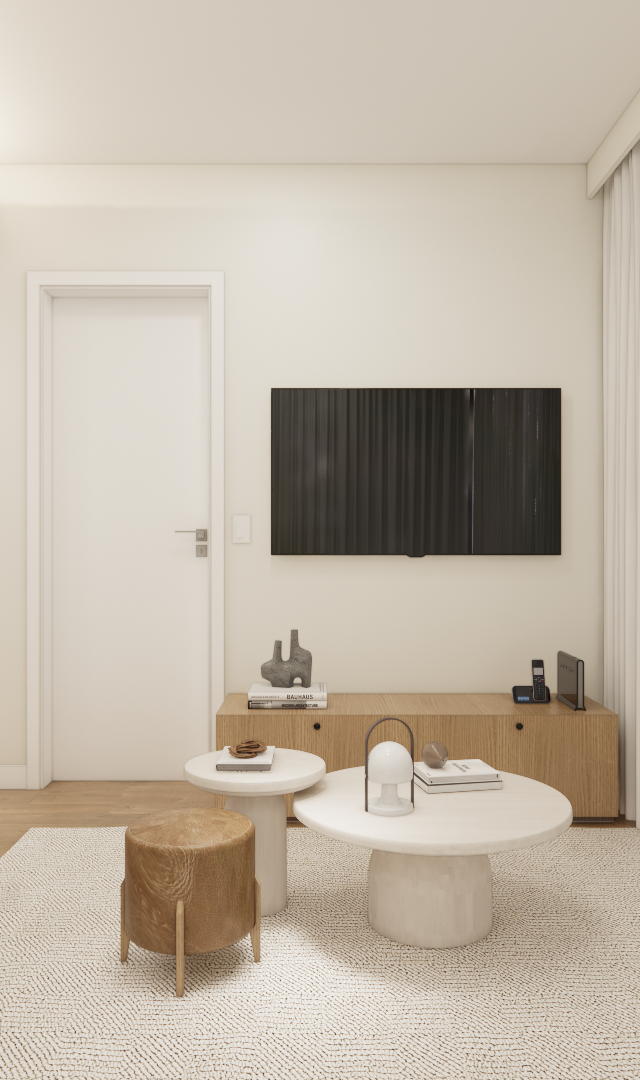 Render 3D de sala em tons neutros com TV, rack de madeira, mesas laterais de pedra e cadeiras de madeira com estofado
