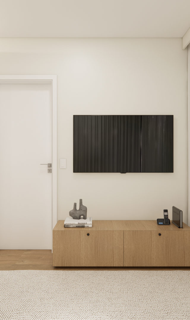 Render 3D de sala de estar neutra no Mercure JK com rack de madeira, TV, mesa preta, cadeiras de couro e cortina clara