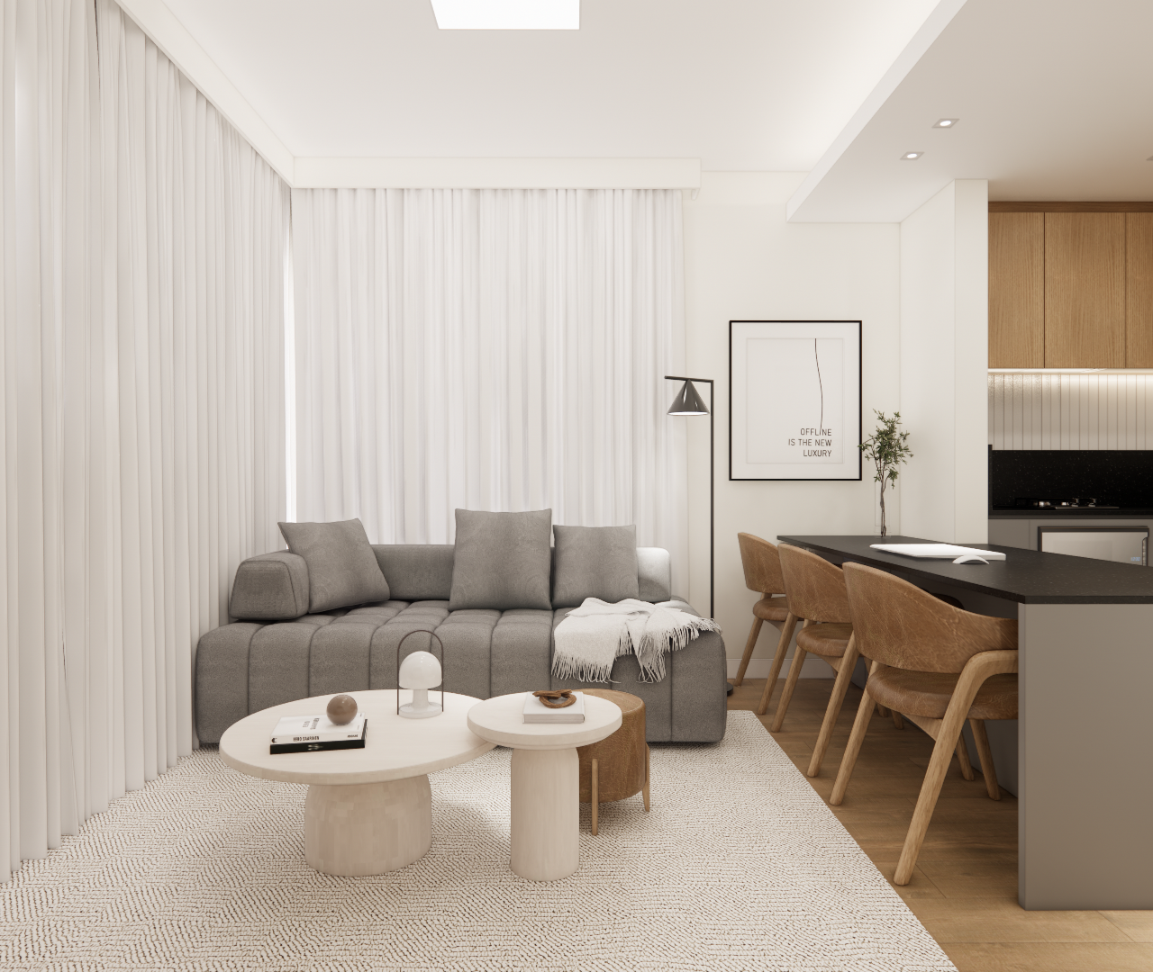 Render 3D de sala e cozinha integradas, tons neutros, sofá cinza, mesas de centro claras e bancada com cadeiras de madeira