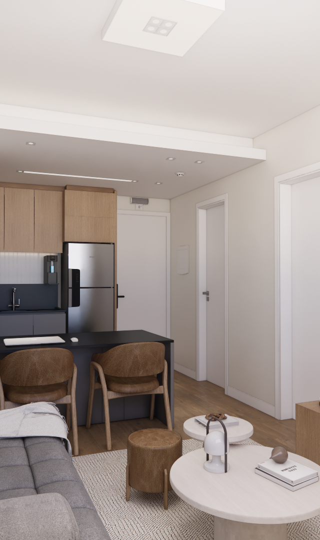 Render 3D de sala e cozinha integradas, móveis em madeira e cinza, sofás cinzas e iluminação difusa no Mercure JK Itaim