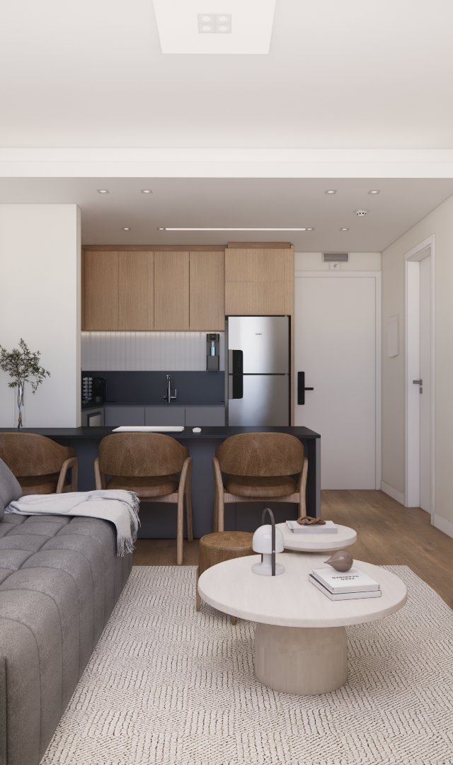 Render 3D de sala e cozinha integrada, tons neutros, madeira, sofá cinza, iluminação difusa, projeto no Mercure JK