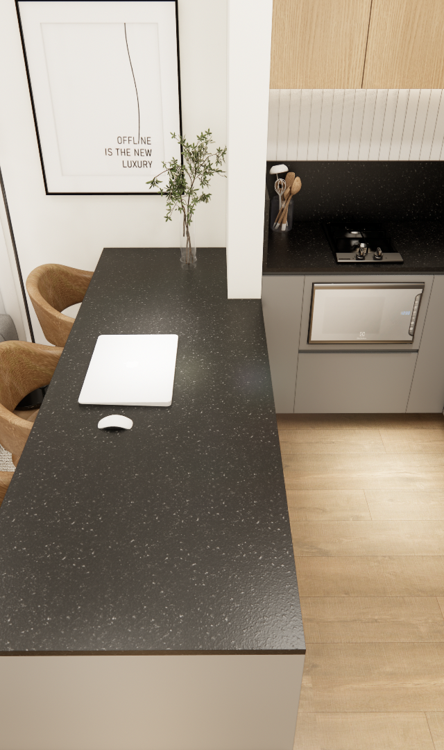 Render 3D de sala e cozinha integradas, marcenaria em madeira e cinza, bancada preta e mobiliário contemporâneo neutro