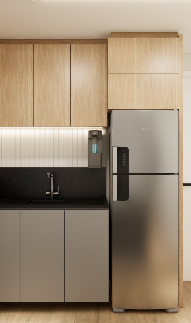 Render 3D de cozinha compacta no Mercure JK com marcenaria em madeira e cinza, bancada preta e iluminação em fita LED