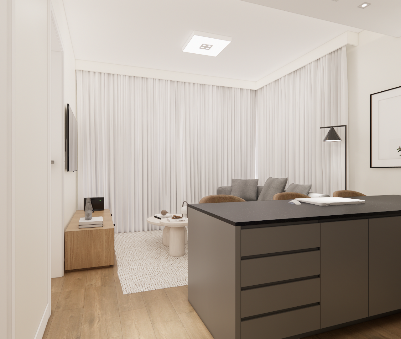 Render 3D de sala e cozinha integrada no Mercure JK, tons neutros, marcenaria cinza e madeira, iluminação suave e cortinas