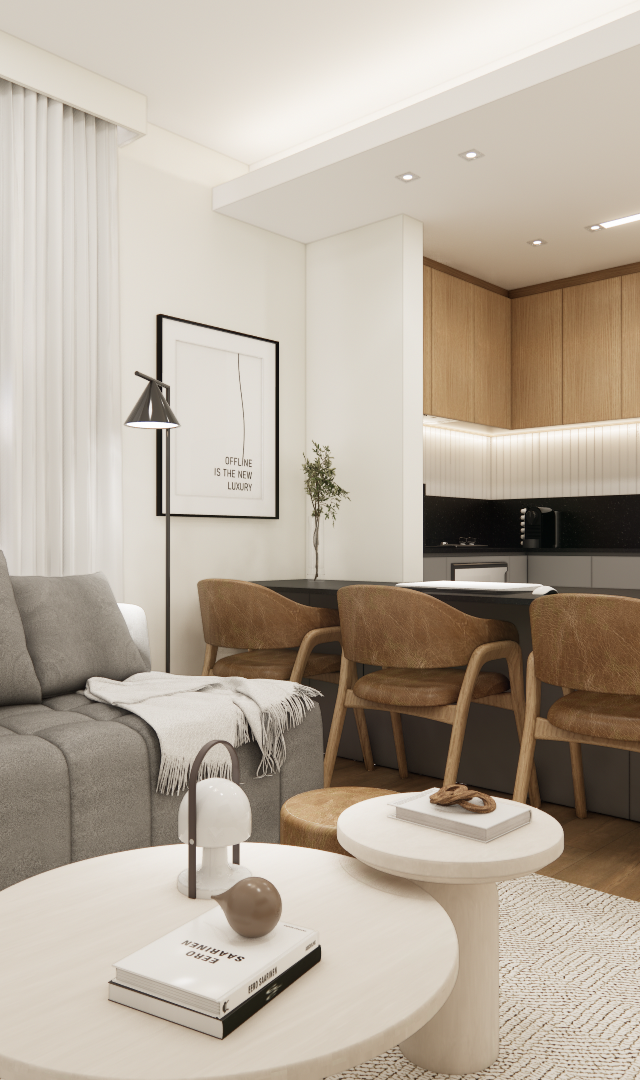 Render 3D de sala e cozinha integrada, tons neutros, madeira, sofá cinza, iluminação embutida e bancada com banquetas